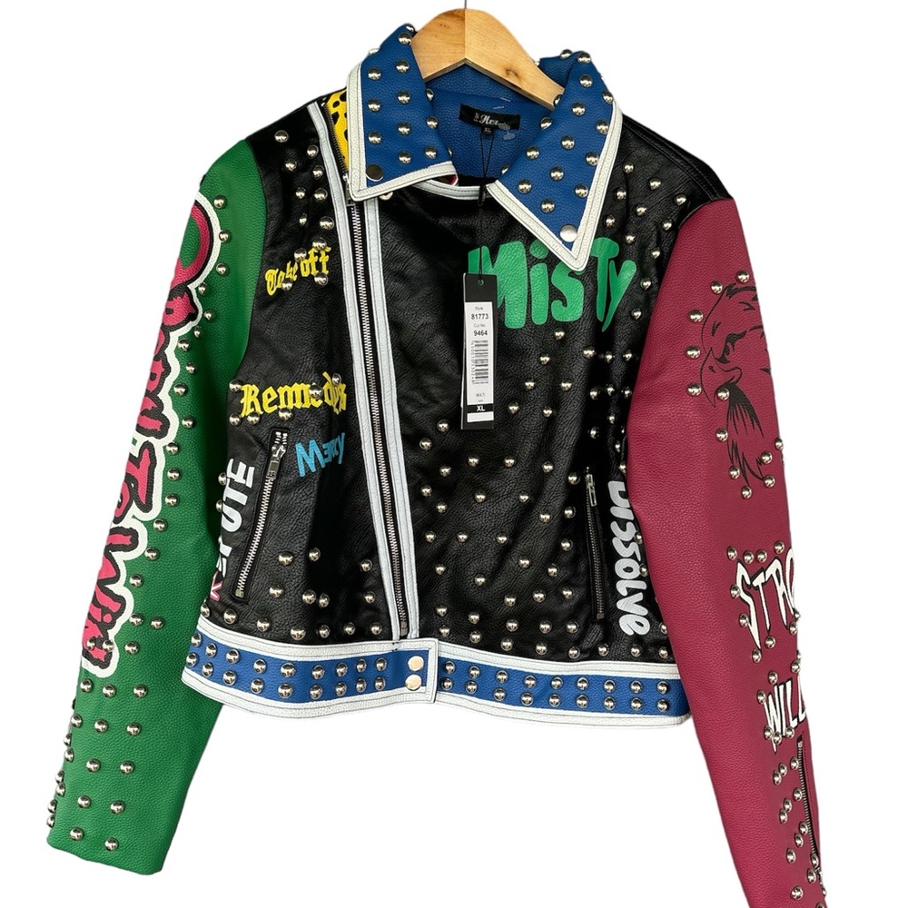 NWT For Her NYC Women’s Multicolored Faux Leather Studded Jacket Size XL